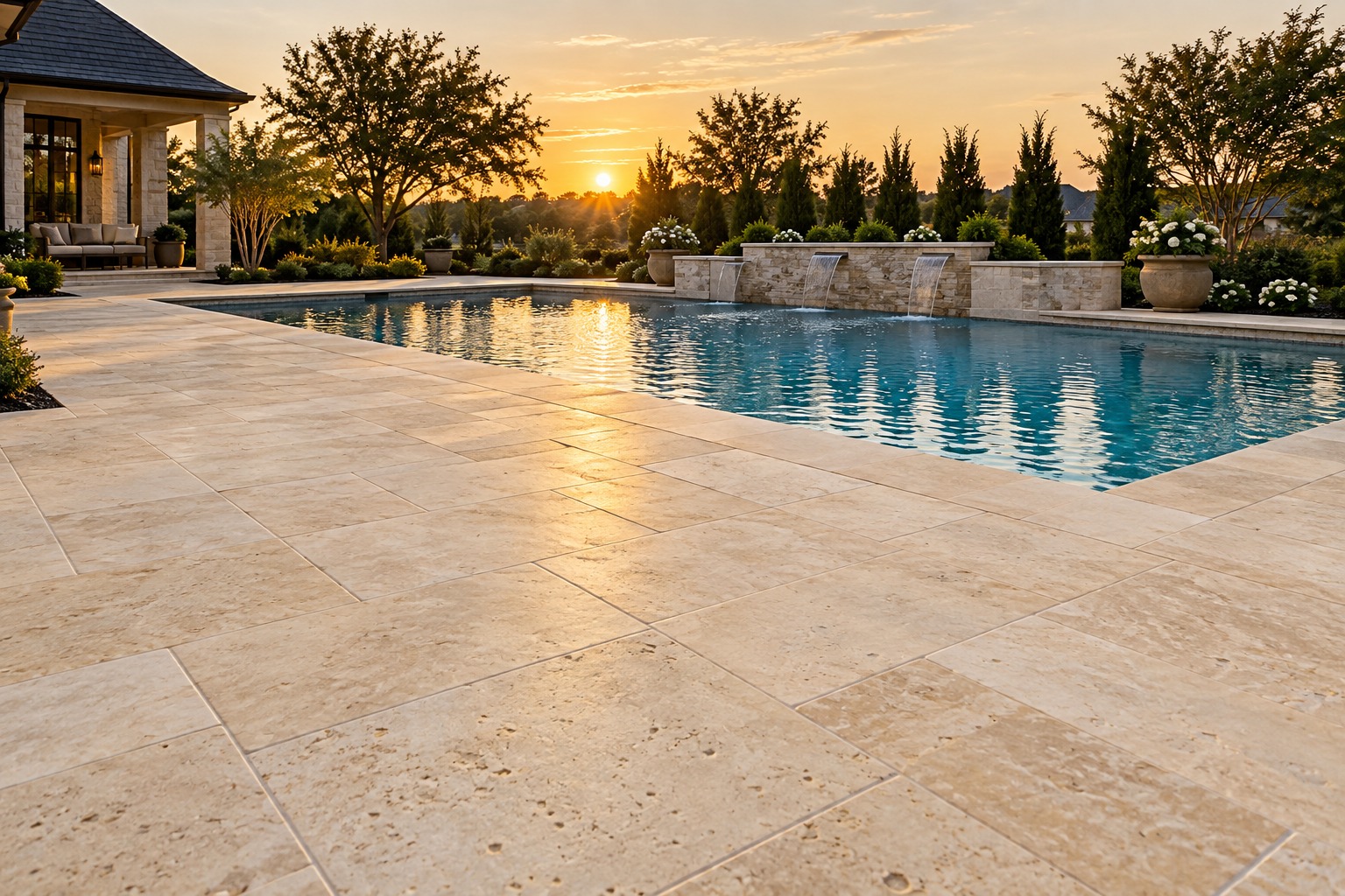 Backyard swimming pool with a broad natural stone paver deck