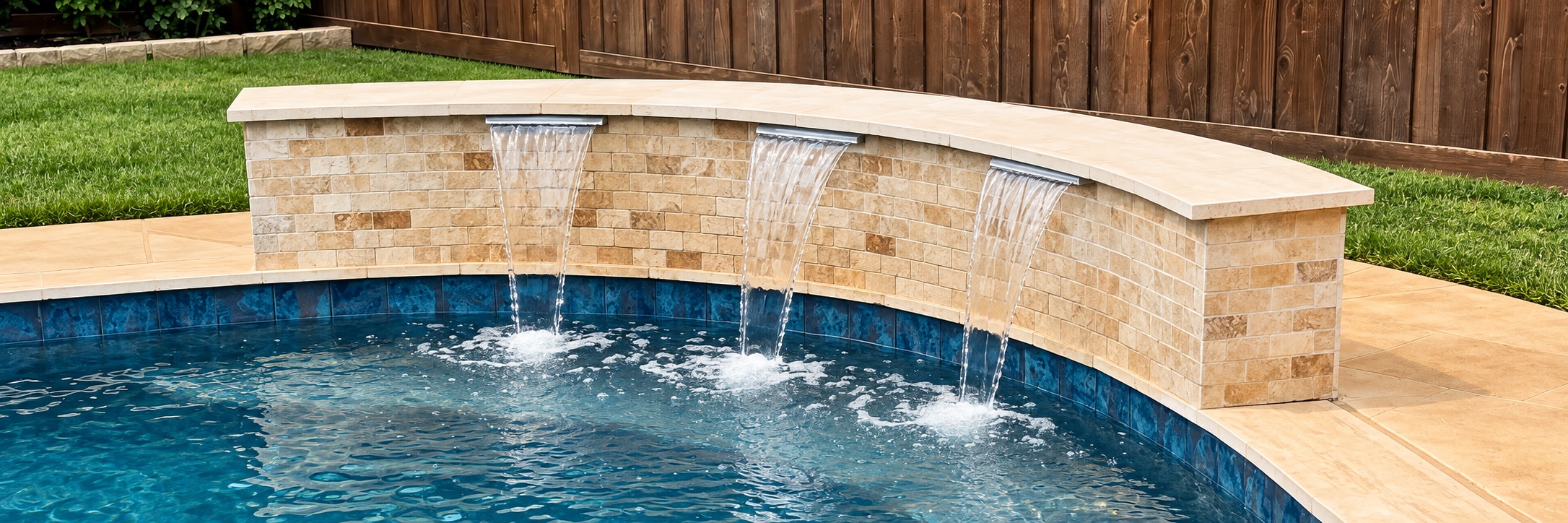 Curved stone pool wall with three sheer waterfalls and a green lawn