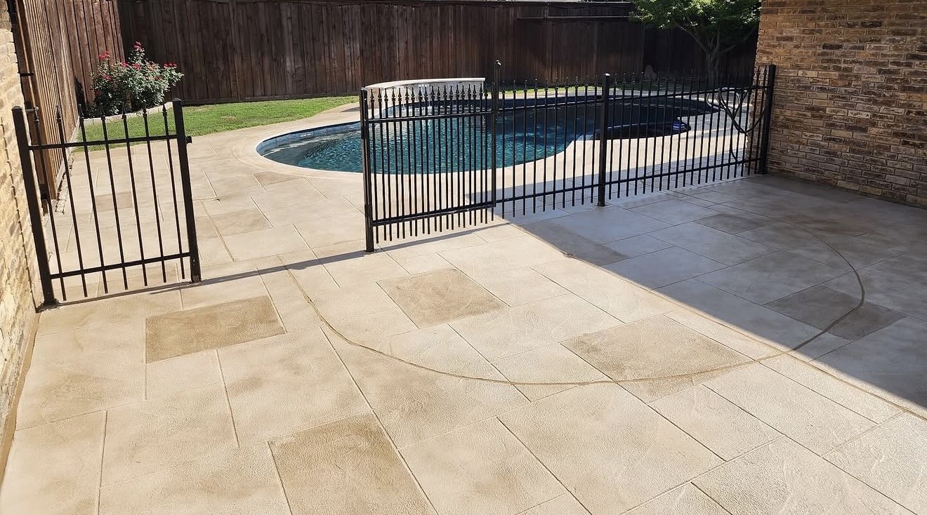 Coordinated deck coating extending from the pool to the covered patio