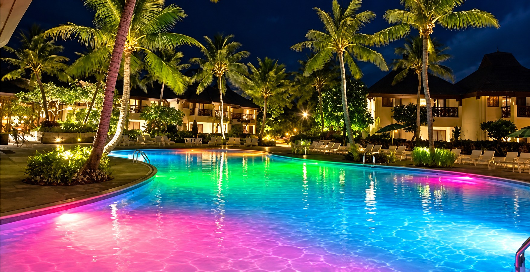 Pool at night illuminated by pink, blue and green underwater lights