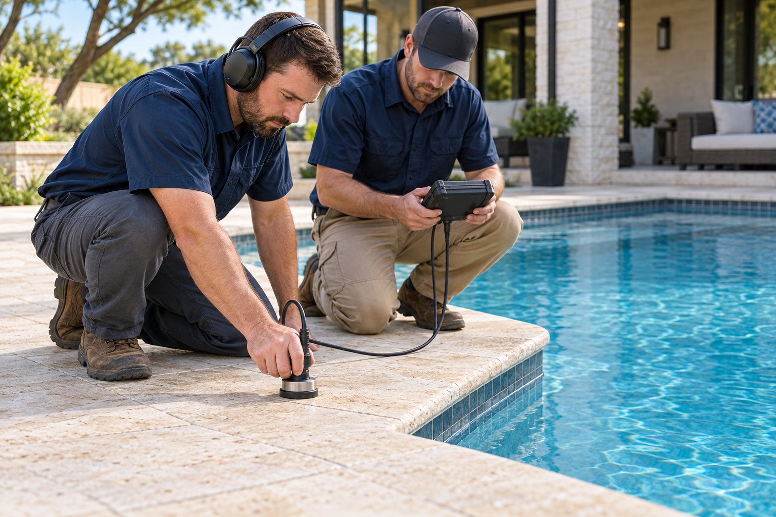 Technician investigating a pool leak underwater