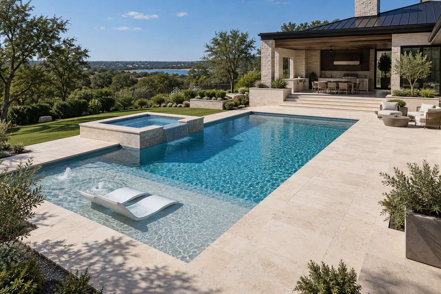 Modern rectangular pool with raised spa, tanning ledge and light travertine deck