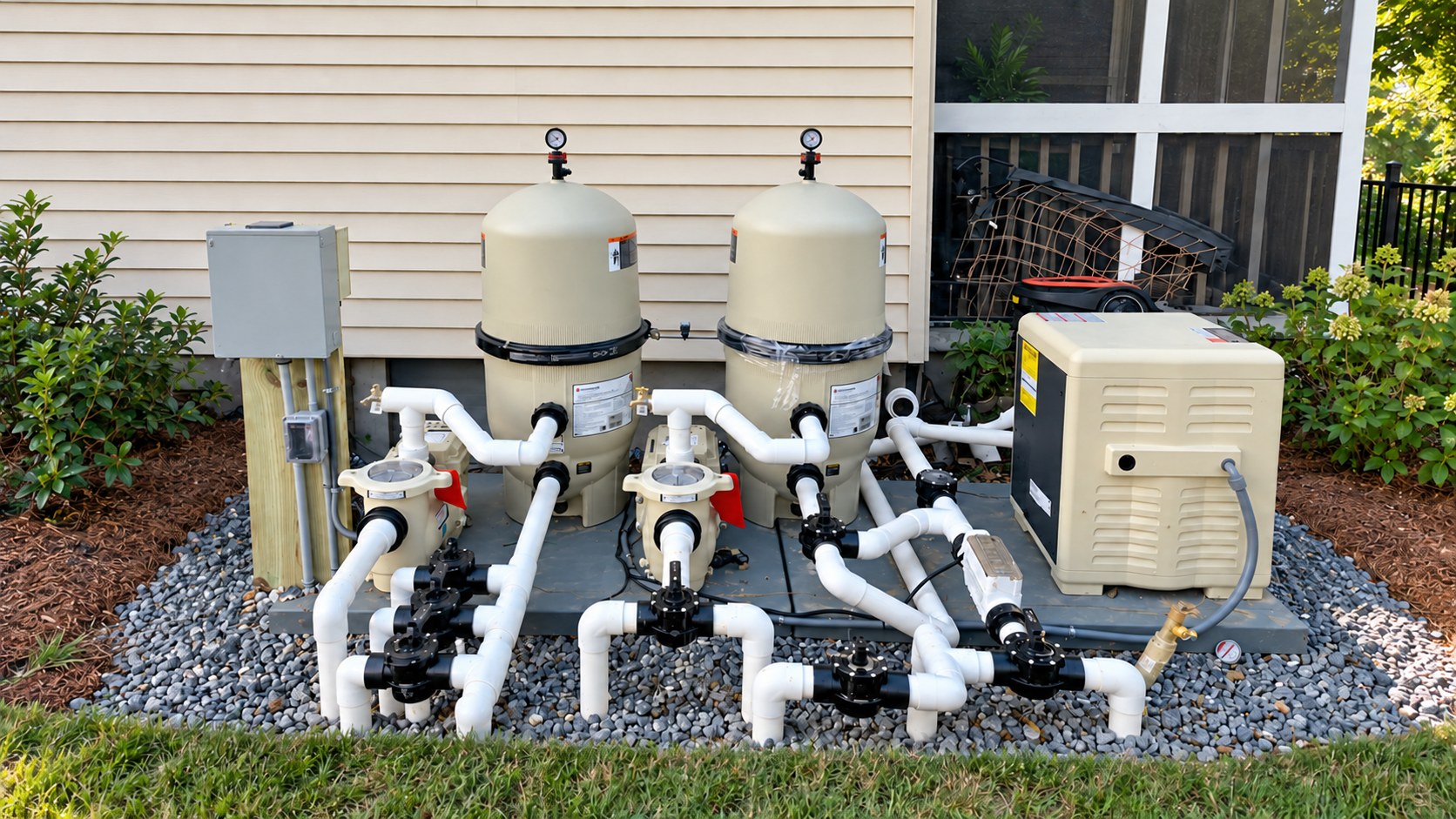 Pool equipment pad with two filters, pumps, electrical controls and heater