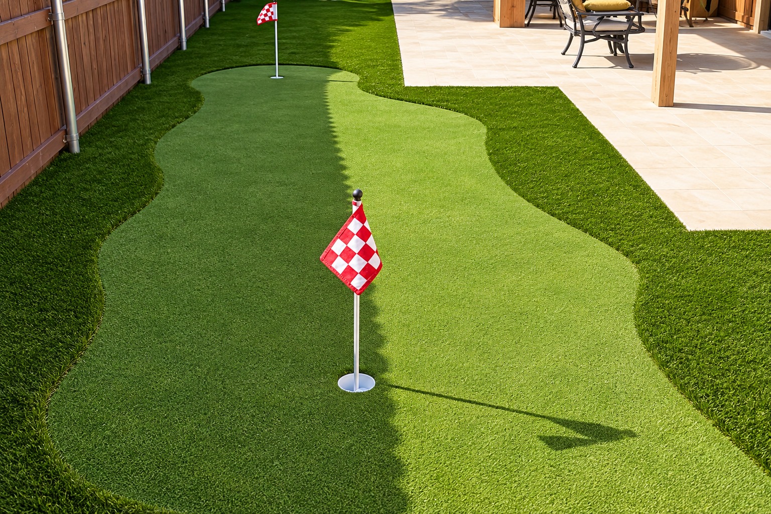 Backyard putting green beside a travertine patio