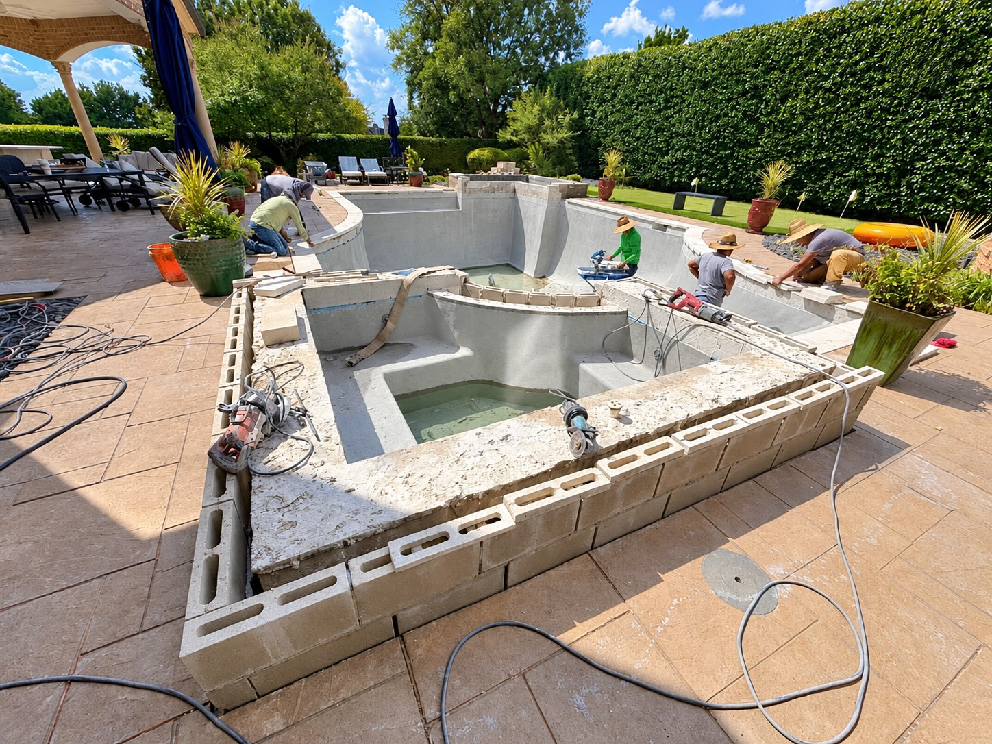 Pool and raised spa being remodeled, with technicians at work