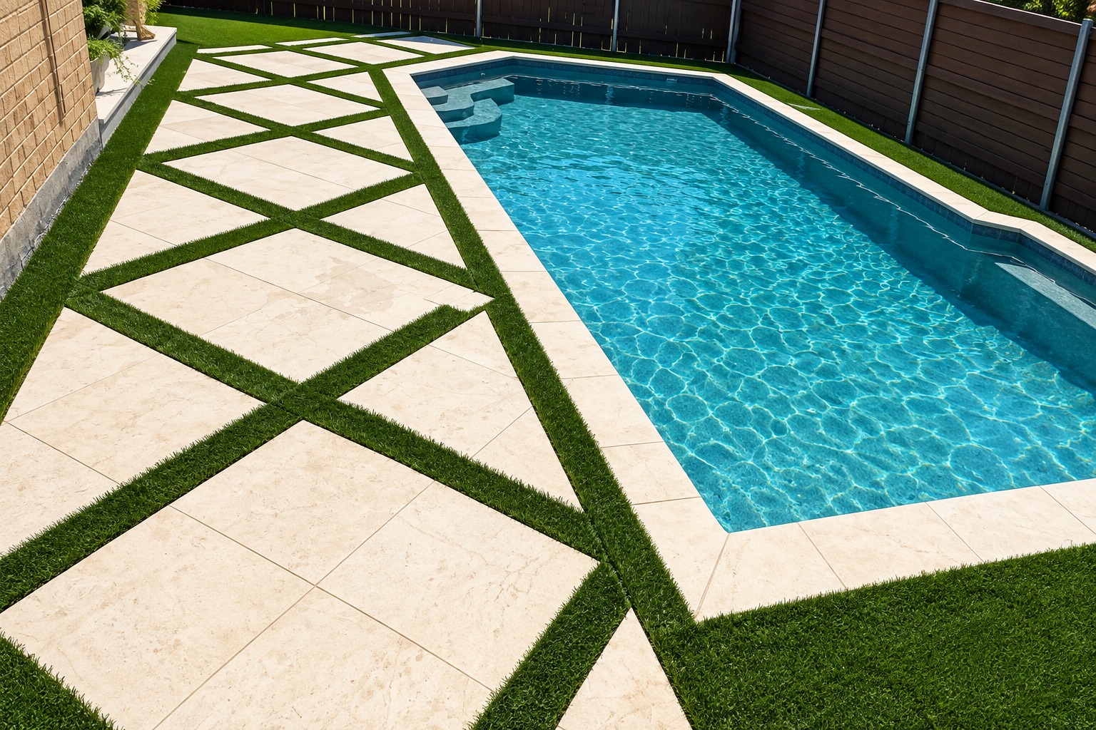 Travertine pool deck with geometric artificial turf strips