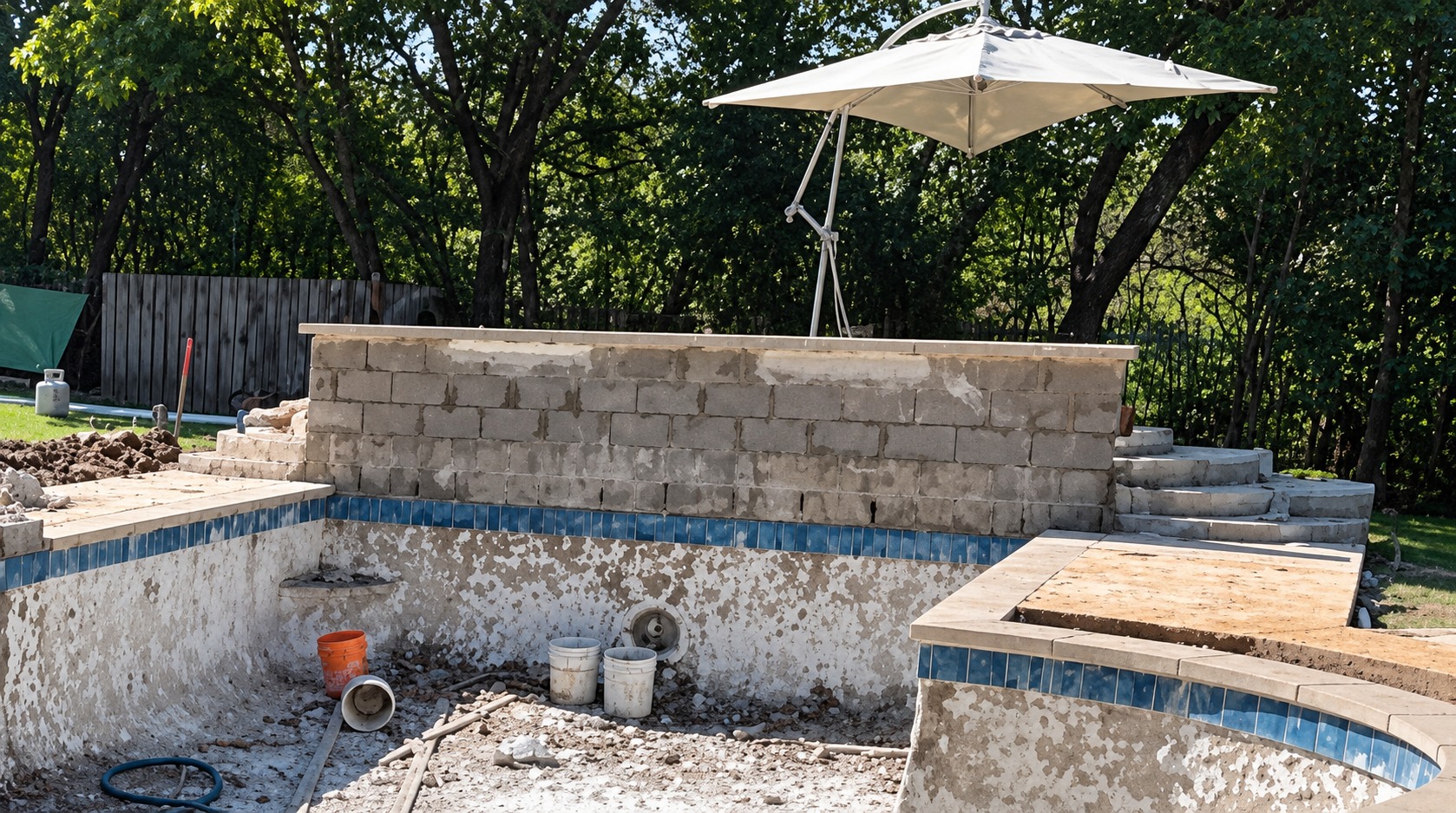 Before renovation: unfinished block waterfall wall and drained pool with worn plaster