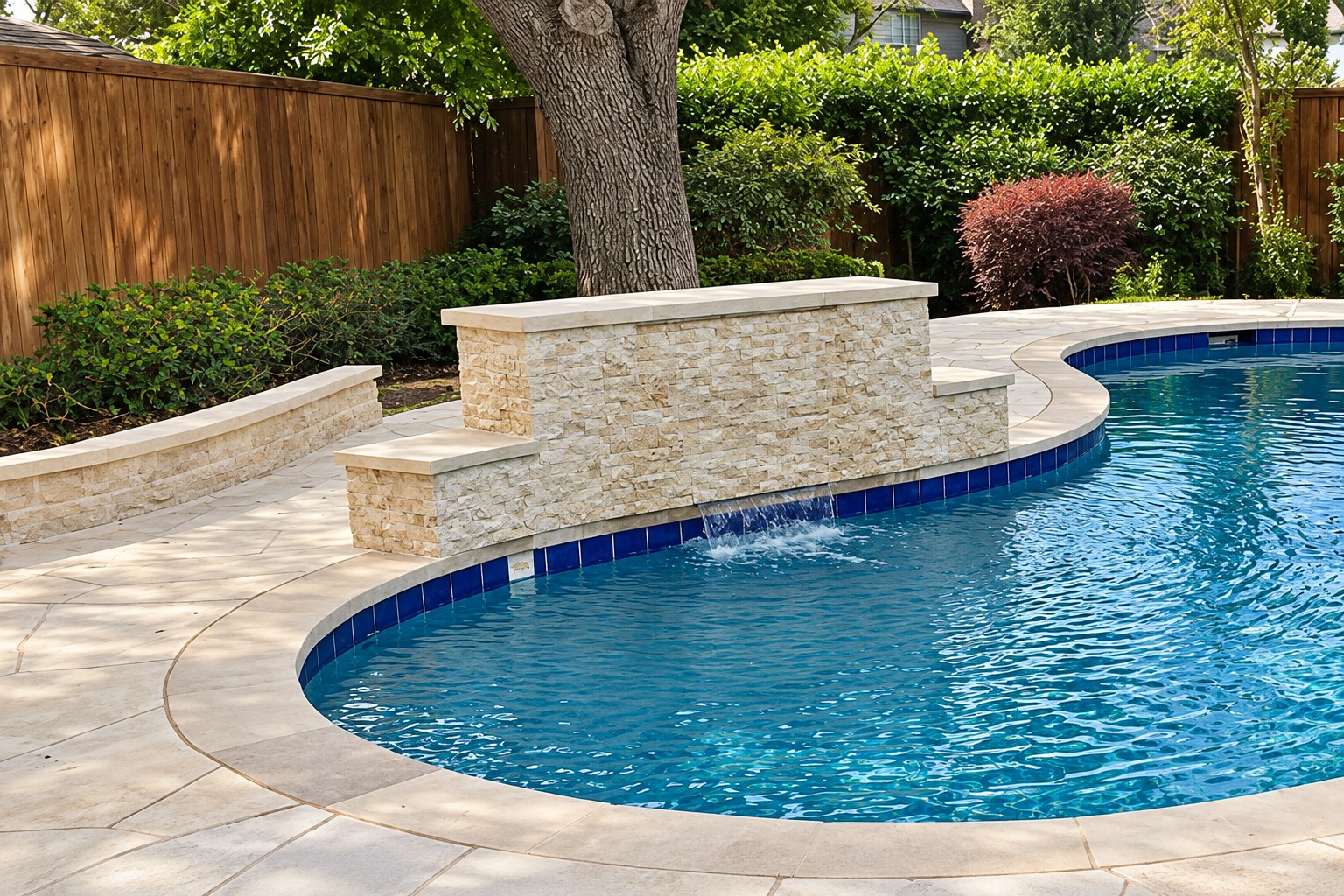 After renovation: tiered stacked stone waterfall wall and renewed pool deck