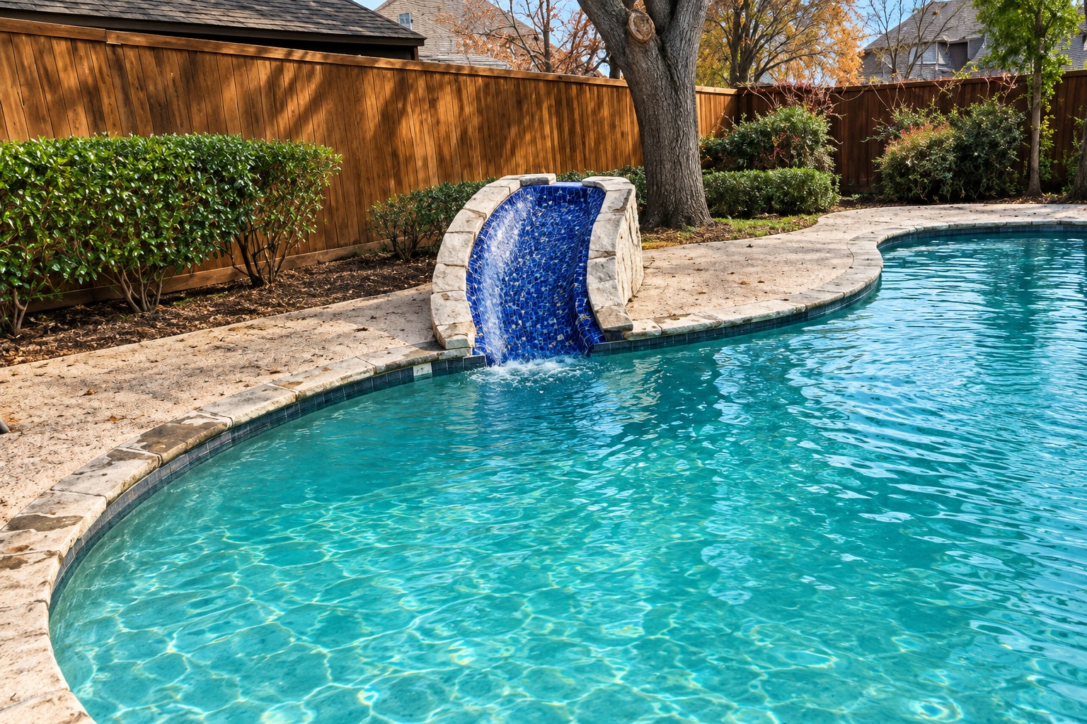 Before renovation: curved blue tile waterfall with stone sides